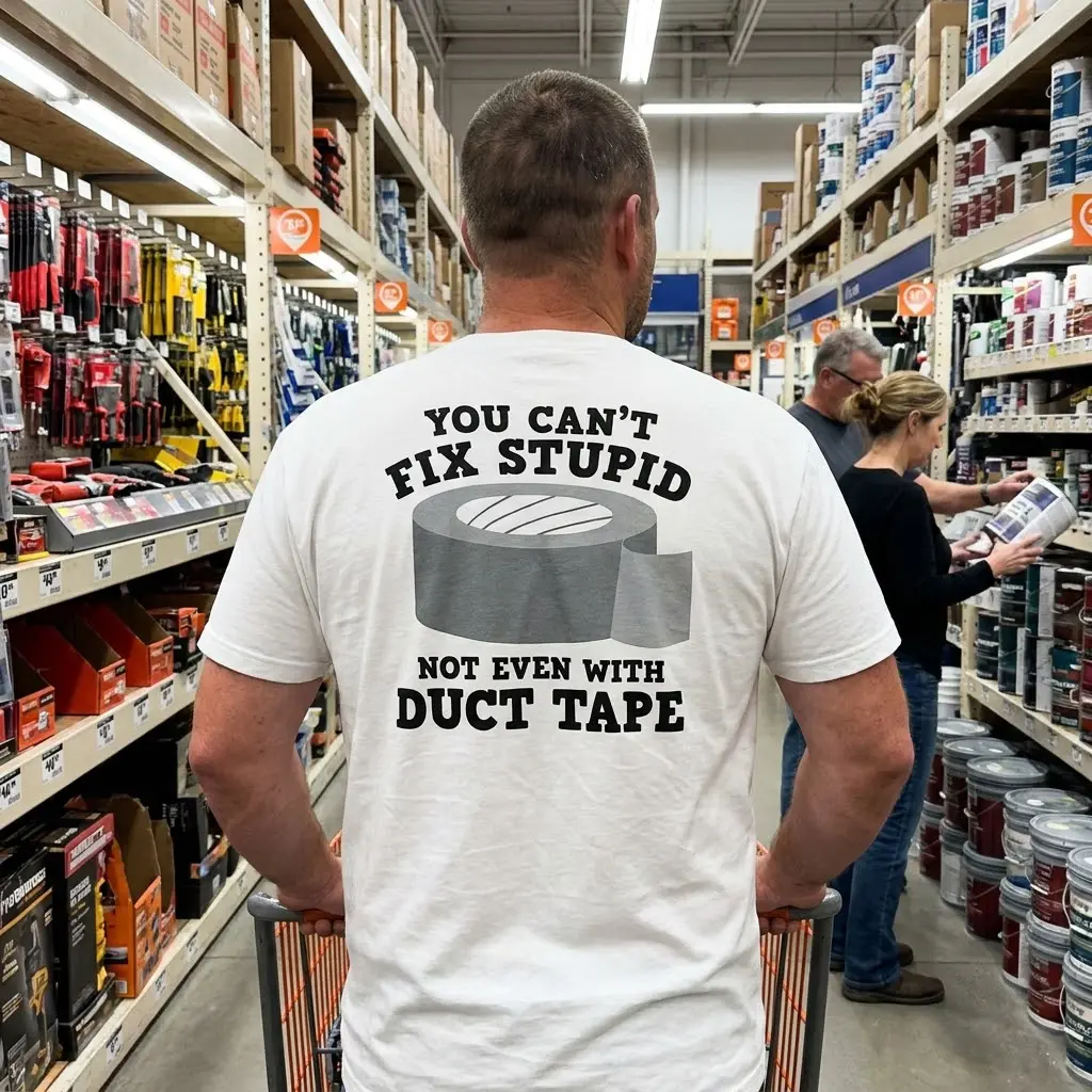 Lifestyle view showcasing the back print of the You Can't Fix Stupid funny duct tape t-shirt.