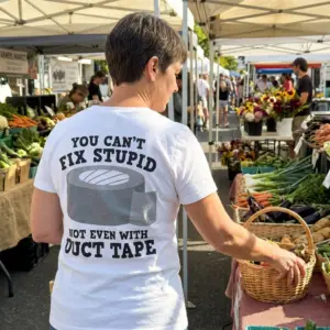 You Can't Fix Stupid Duct Tape T-Shirt 11 Casual lifestyle setting displaying the You Can't Fix Stupid Not Even With Duct Tape shirt design.