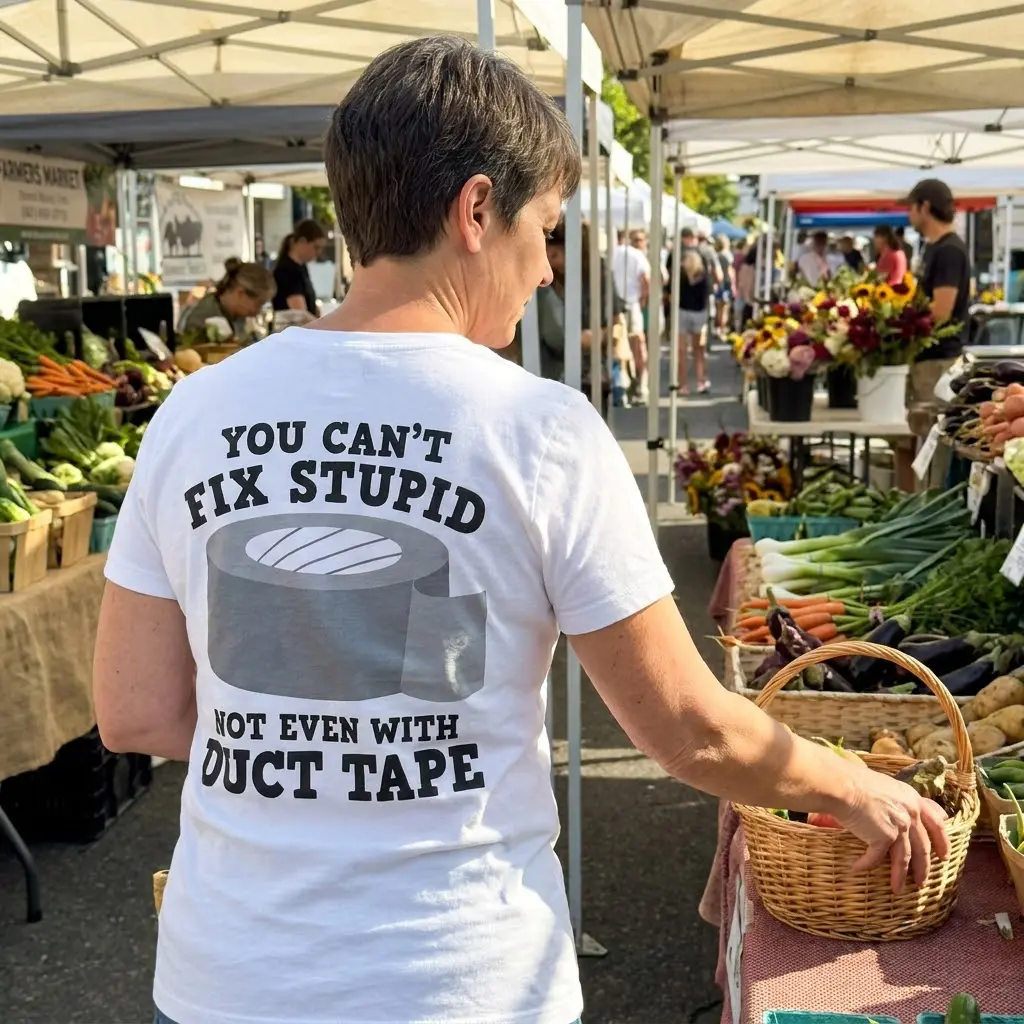 Casual lifestyle setting displaying the You Can't Fix Stupid Not Even With Duct Tape shirt design.