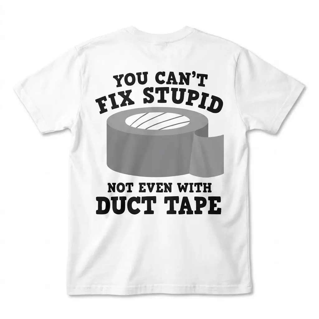 Back view of a white funny duct tape shirt flatlay reading You Can't Fix Stupid, Not Even With Duct Tape.