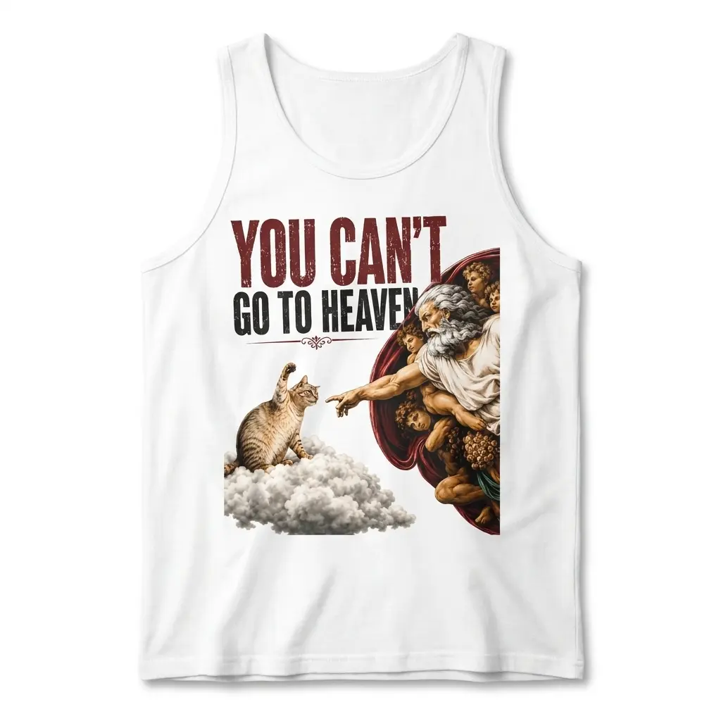 Front flat lay of a tank top with a cat swatting at a pointing figure beneath bold text.