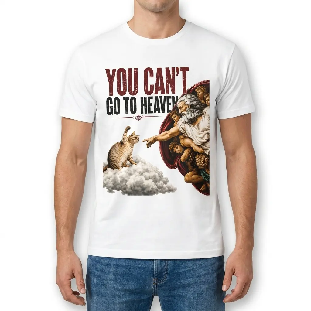 Man wearing a front-view T-shirt with “You Can't Go to Heaven” cat parody artwork.