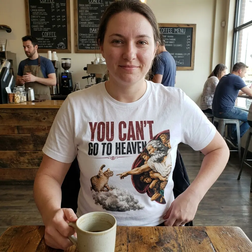 T-shirt featuring bold “You Can't Go to Heaven” text and a cat parody design.