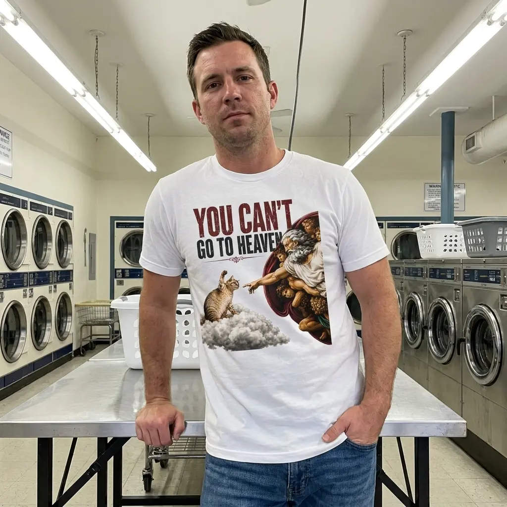 Cat parody T-shirt design showing a raised-paw cat facing a pointing figure among clouds.
