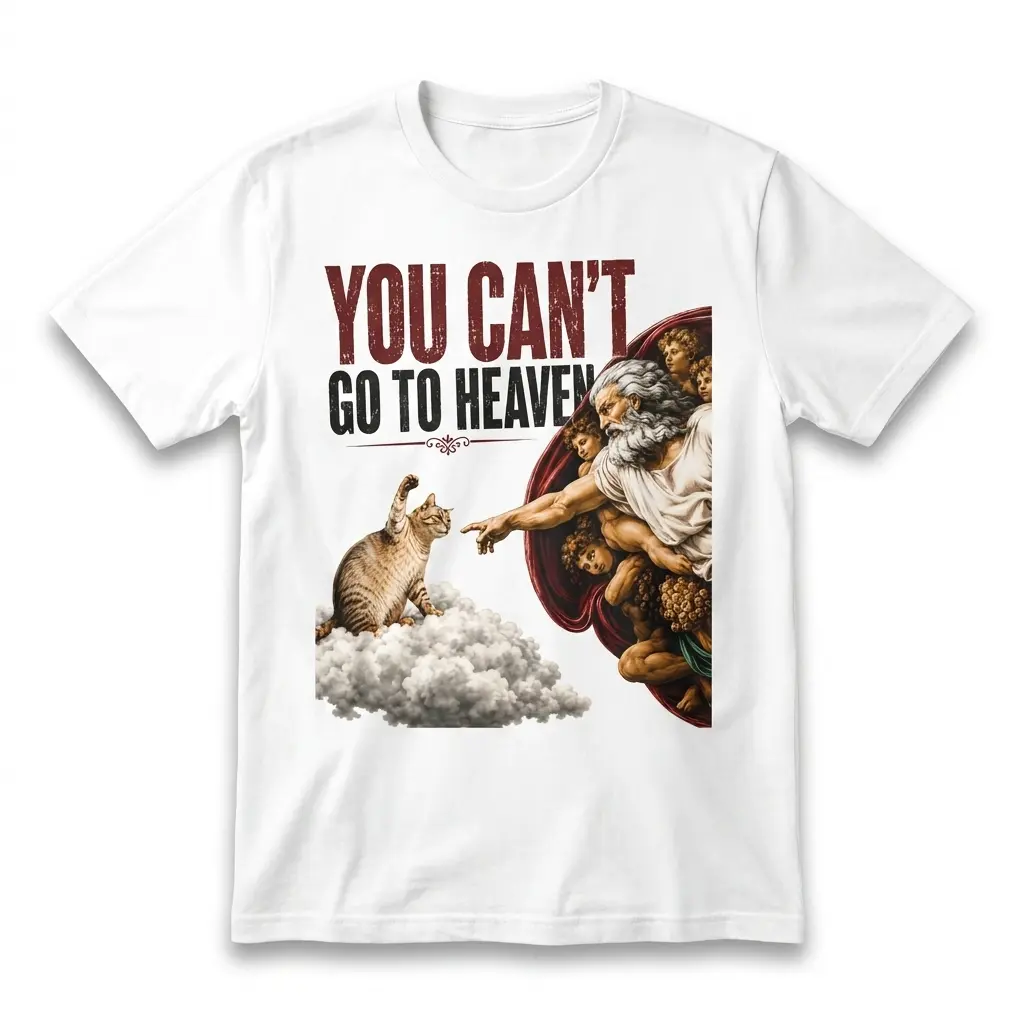 Front flat lay of a T-shirt with “You Can't Go to Heaven” text and a cat swatting at a pointing figure.