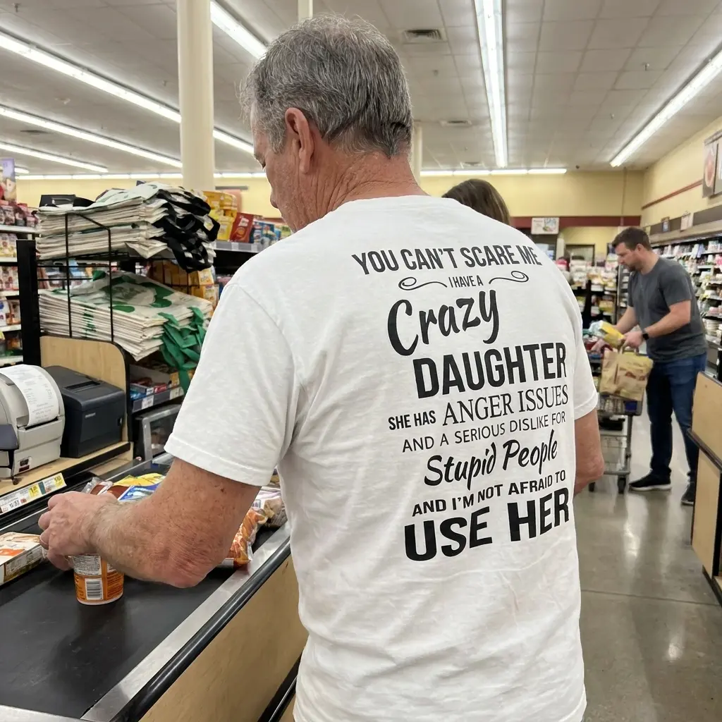 Candid outdoor rear photo of a parent wearing the white You Can't Scare Me I Have A Crazy Daughter Funny Dad T-Shirt
