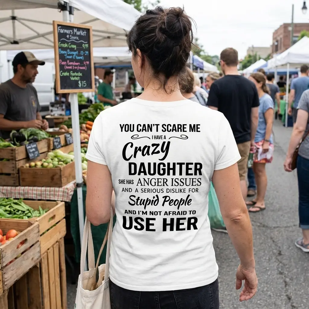 Everyday street view showing the back print of the white You Can't Scare Me I Have A Crazy Daughter family joke tee