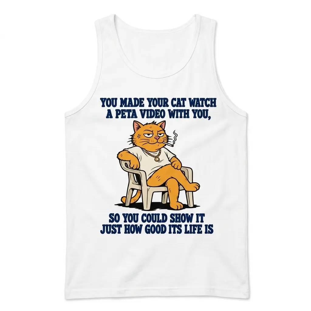 You Made Your Cat Watch A PETA Video Funny Satire T-Shirt 3 Sleeveless casual tank top with white tee front print reading YOU MADE YOUR CAT WATCH A PETA VIDEO WITH YOU above a cartoon orange cat