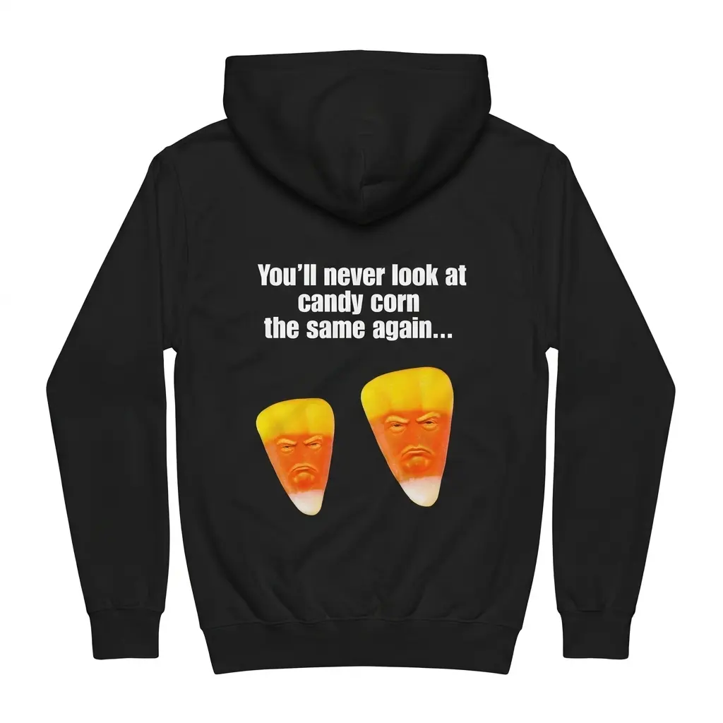 Cozy pullover hoodie displaying black tee back print reading Youll never look at candy corn the same again above two grumpy candy corn faces