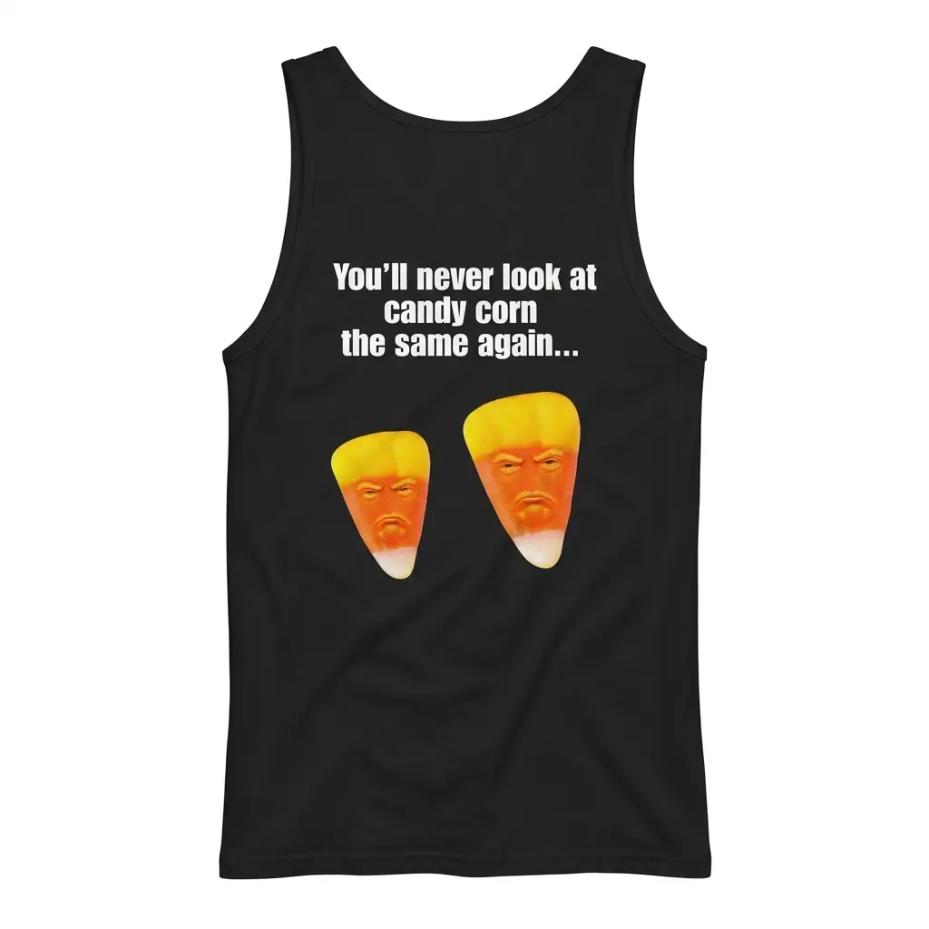 Sleeveless casual tank top with black tee back print reading Youll never look at candy corn the same again above two grumpy candy corn faces