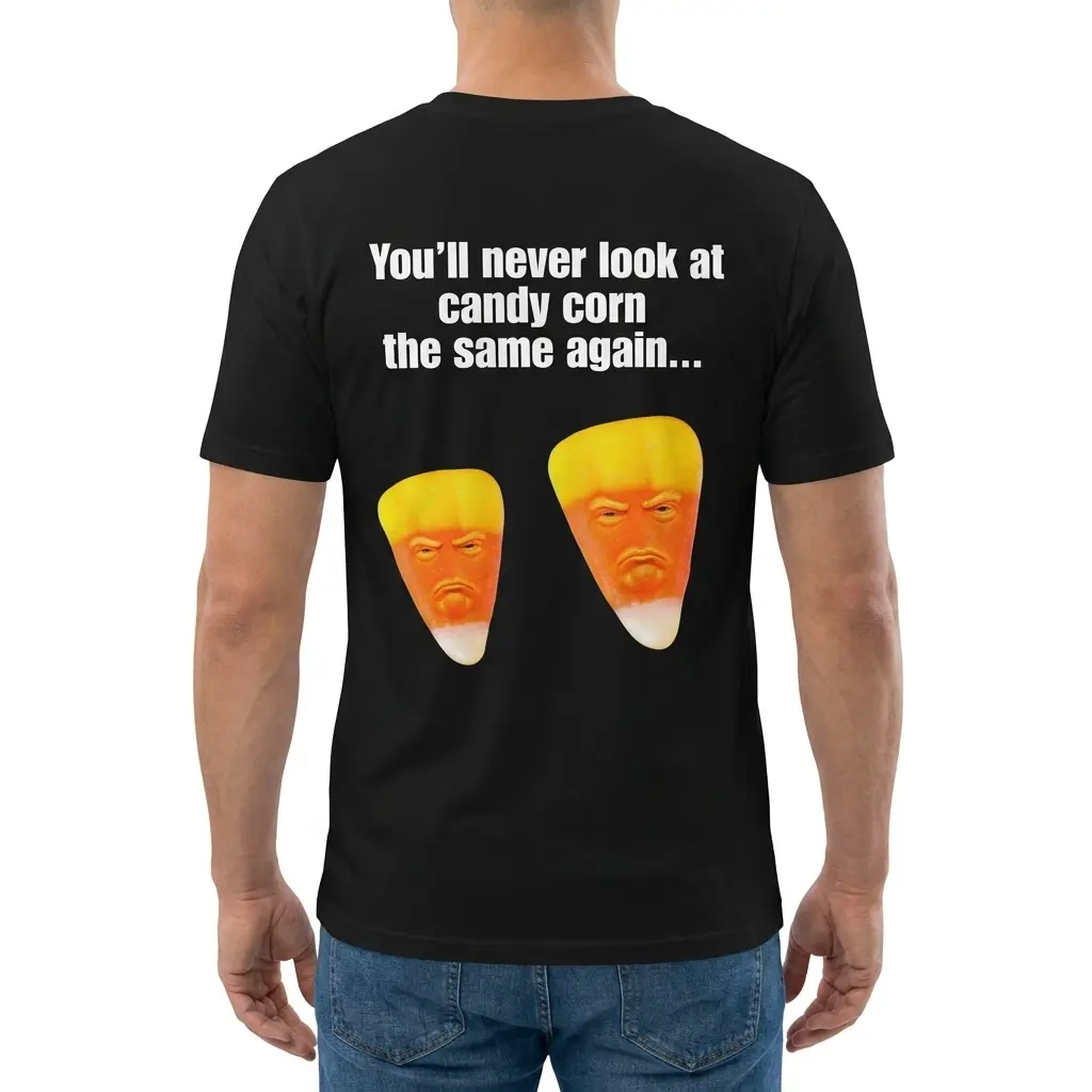 Man wearing black graphic tee with black tee back print reading Youll never look at candy corn the same again above two grumpy candy corn faces