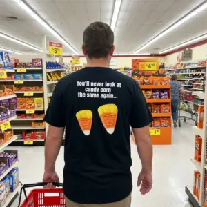 You'll Never Look At Candy Corn The Same Again Satire T-Shirt 10 Everyday streetwear outfit styling black shirt with black tee back print reading Youll never look at candy corn the same again above two grumpy candy corn