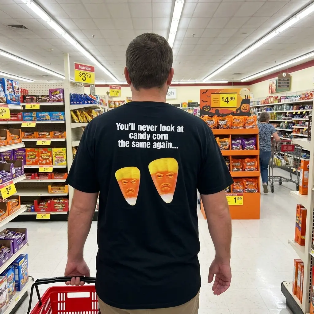 Everyday streetwear outfit styling black shirt with black tee back print reading Youll never look at candy corn the same again above two grumpy candy corn