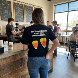 You'll Never Look At Candy Corn The Same Again Satire T-Shirt 11 Close-up casual look showcasing black tee and black tee back print reading Youll never look at candy corn the same again above two grumpy candy corn faces