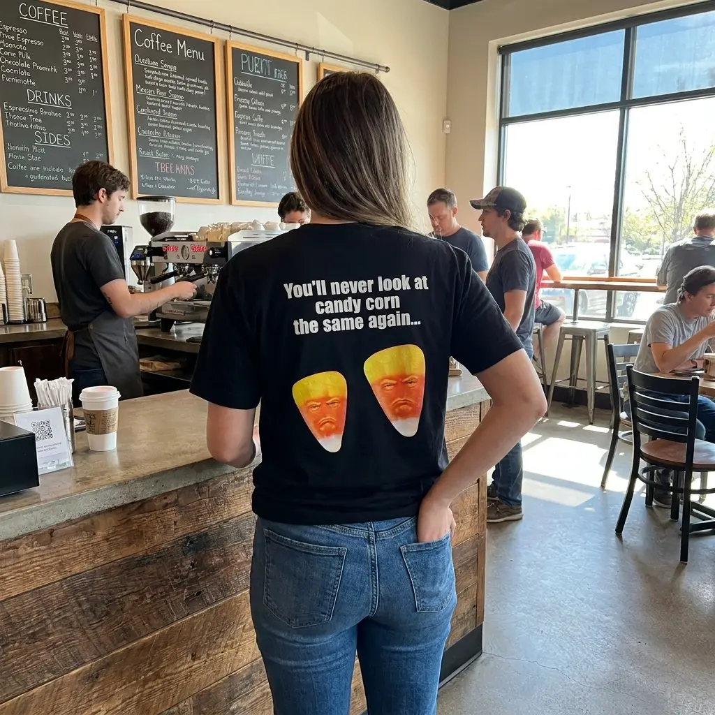 Close-up casual look showcasing black tee and black tee back print reading Youll never look at candy corn the same again above two grumpy candy corn faces