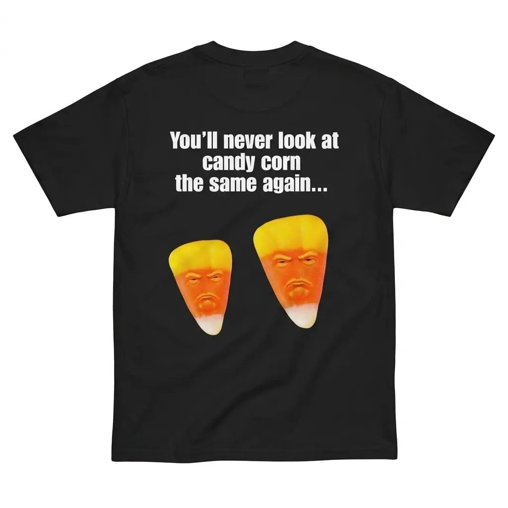 Flatlay black t-shirt featuring black tee back print reading Youll never look at candy corn the same again above two grumpy candy corn faces