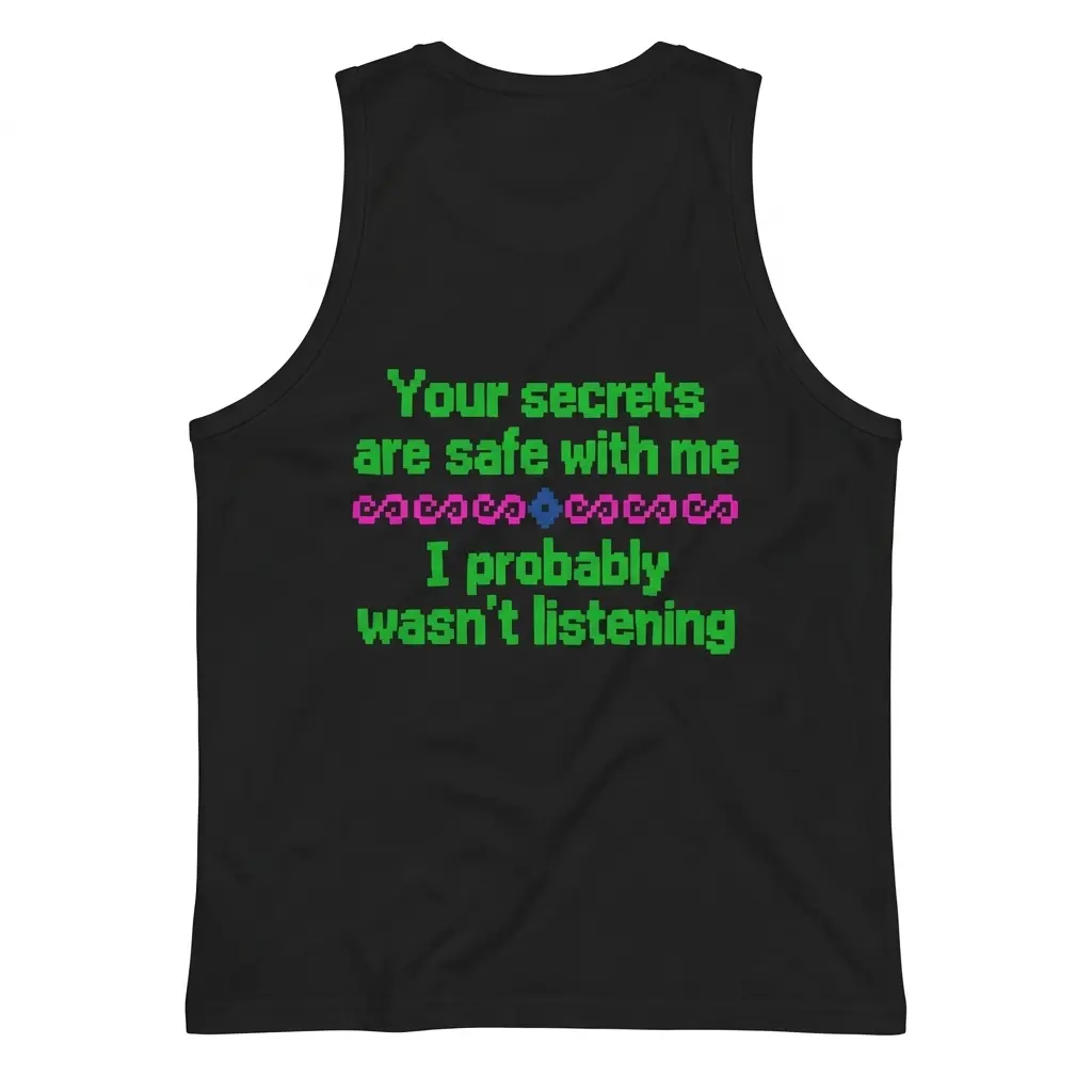 Your Secrets Are Safe With Me I Wasn't Listening T-Shirt 3 Sleeveless casual tank top with black tee back print in green 8-bit pixel text reading Your secrets are safe with me I probably wasnt listening