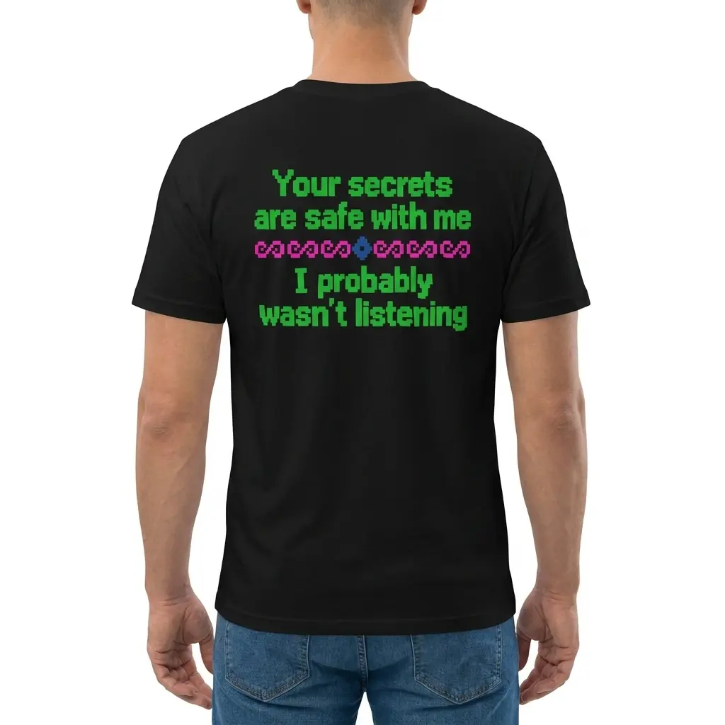 Your Secrets Are Safe With Me I Wasn't Listening T-Shirt 4 Man wearing black graphic tee with black tee back print in green 8-bit pixel text reading Your secrets are safe with me I probably wasnt listening