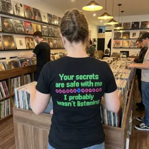 Your Secrets Are Safe With Me I Wasn't Listening T-Shirt 11 Close-up casual look showcasing black tee and black tee back print in green 8-bit pixel text reading Your secrets are safe with me I probably wasnt listening