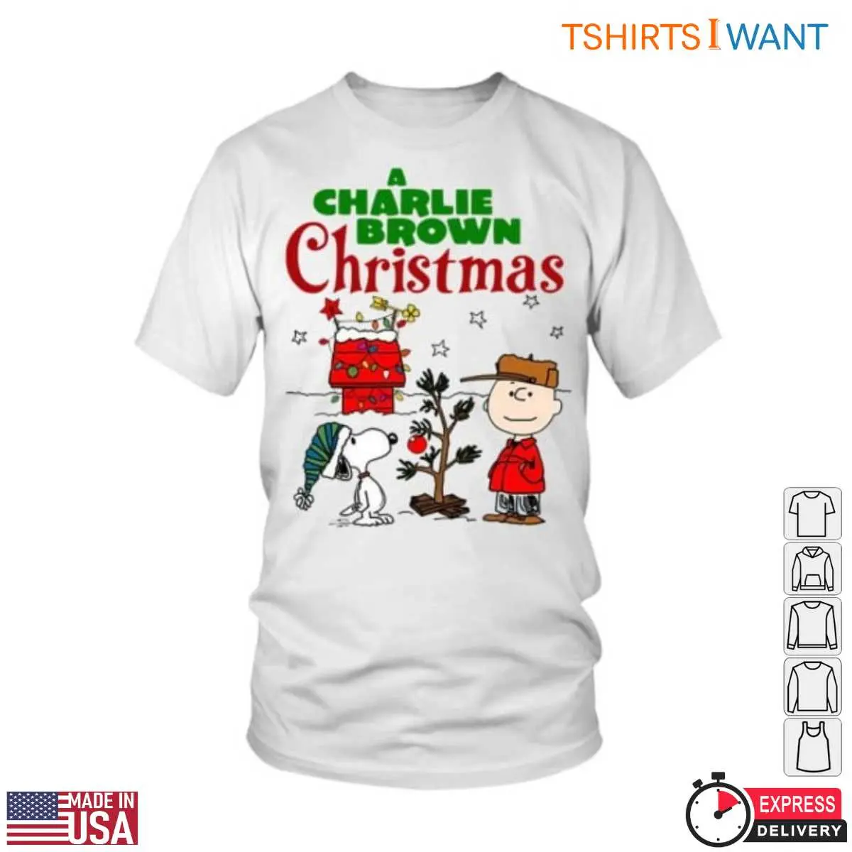 A Charlie Brown Christmas Snoopy T-Shirt - Classic Holiday Design with Christmas Tree and Snow 12 Charlie Brown Christmas Snoopy T-Shirt Front View