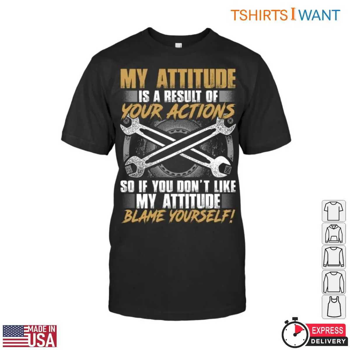 Attitude Warning Cross Wrench Auto Mechanic Apparel T-Shirt 12 Front view of Attitude Warning Mechanic T-Shirt