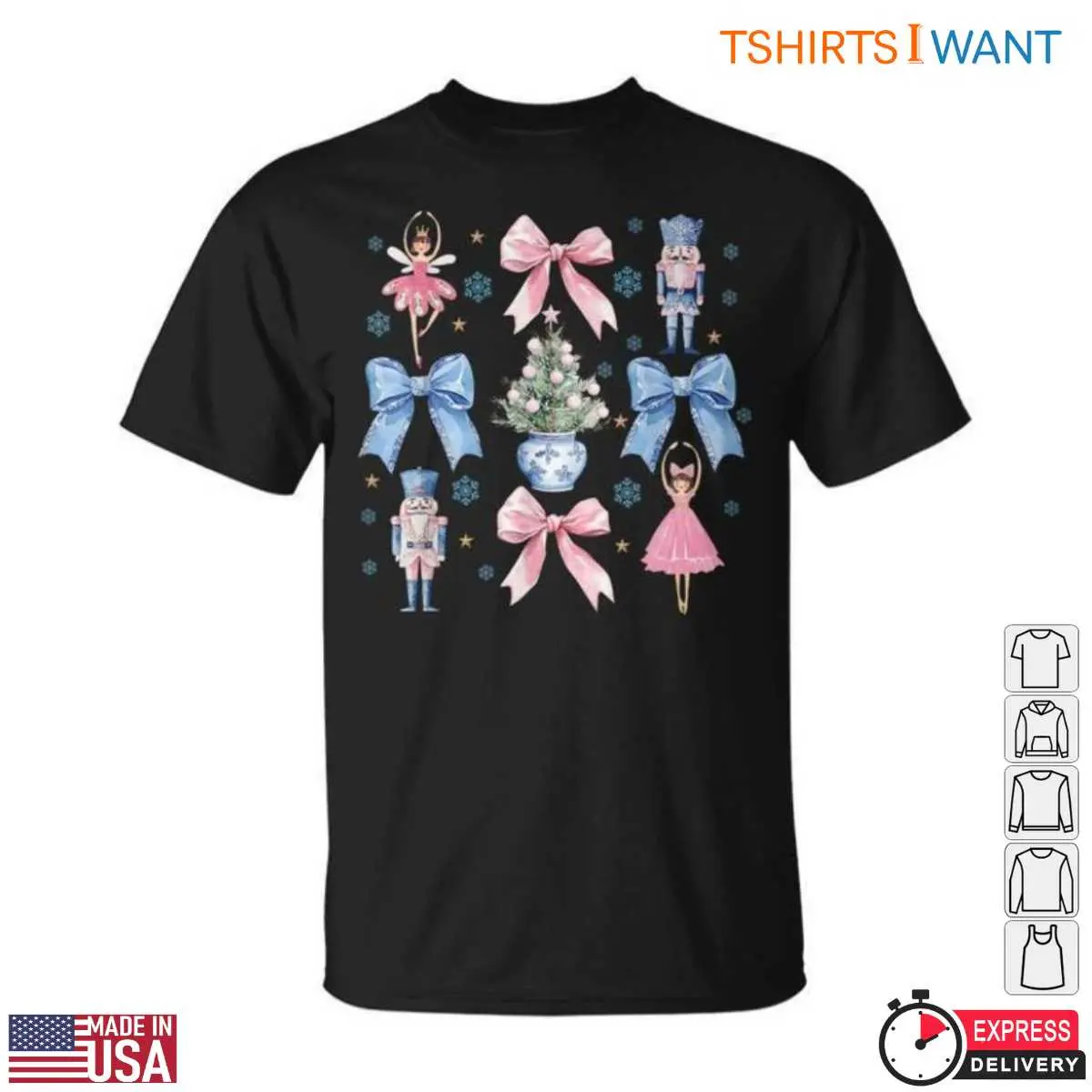 Ballet Nutcracker T-Shirt - Pink Bows Christmas Tree Holiday Graphic Tee 12 Ballet Nutcracker T-Shirt Front View