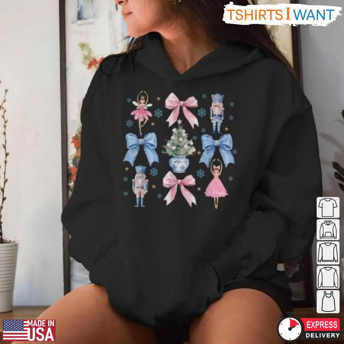 Ballet Nutcracker T-Shirt - Pink Bows Christmas Tree Holiday Graphic Tee 13 Ballet Nutcracker T-Shirt Style View