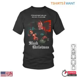 Charcoal t-shirt with the Black Christmas 1974 killer holding a phone and a skin crawl tagline above gothic title text