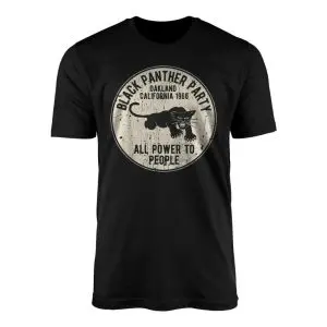 Black flat-lay t-shirt with a distressed cream circle badge reading Black Panther Party Oakland California 1966 All Power To People
