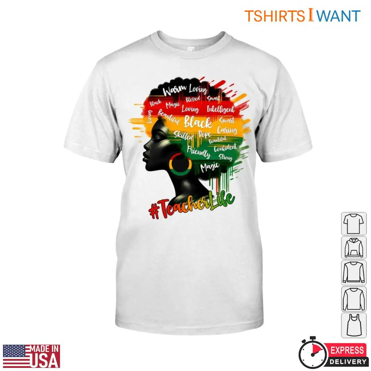Black Woman Profile with Afro Hair Featuring Inspirational Words Teacher Life T Shirt 1 1.jpg