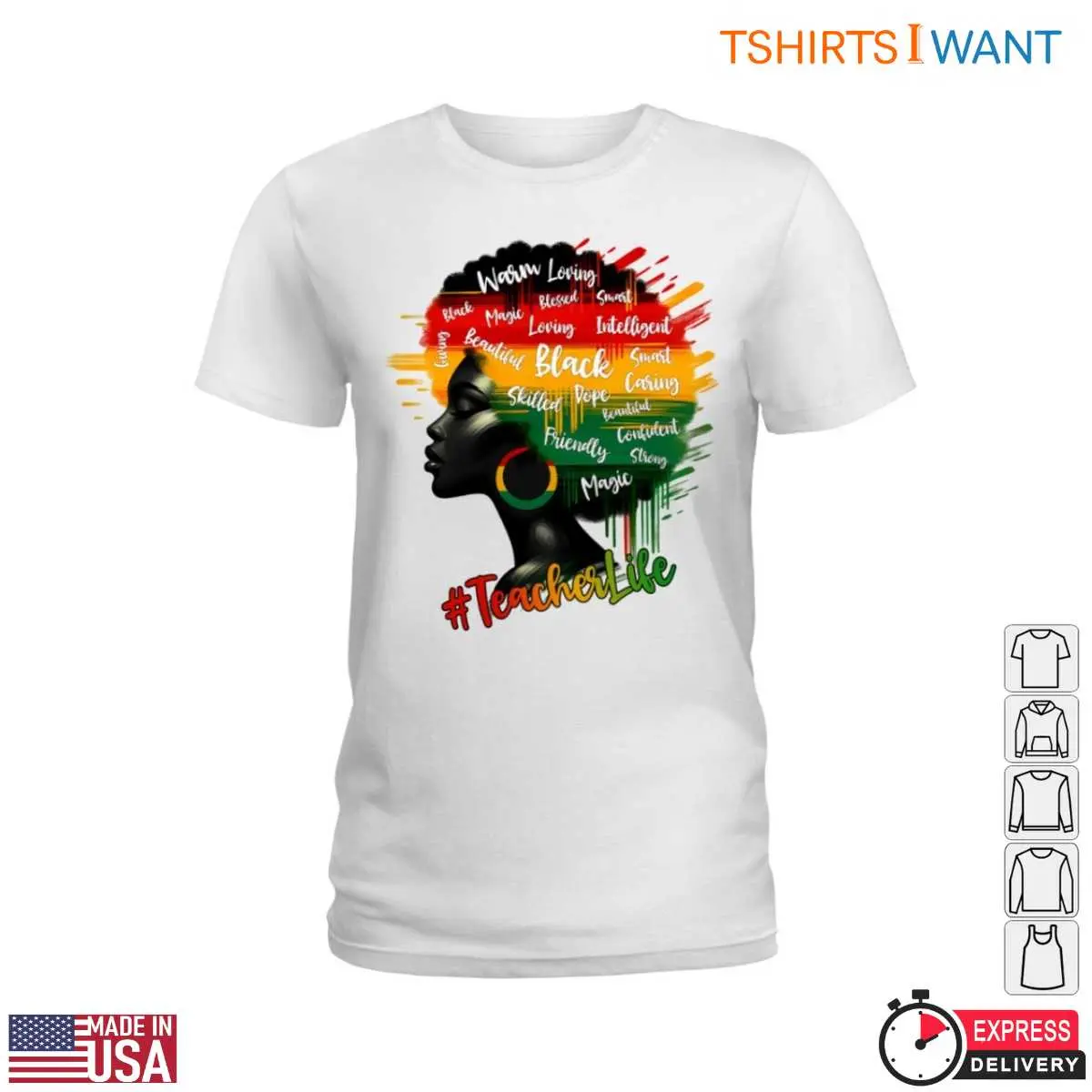 Black Woman Profile with Afro Hair Featuring Inspirational Words Teacher Life T Shirt 3 1.jpg