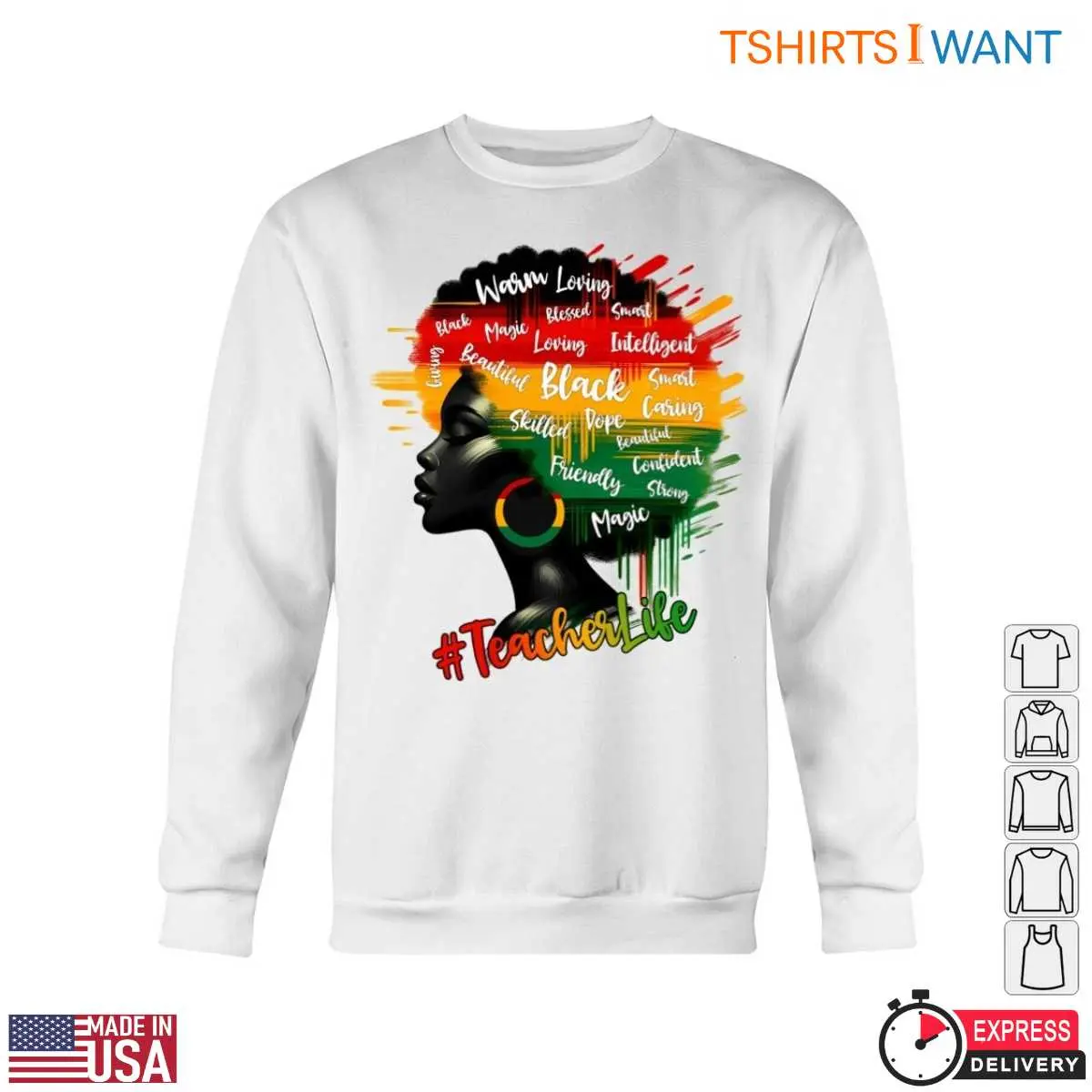 Black Woman Profile with Afro Hair Featuring Inspirational Words Teacher Life T Shirt 5 1.jpg