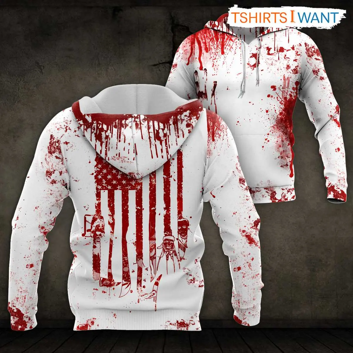 Bloody Hoodie - Unique Halloween Horror Apparel with American Flag Blood Stains 7 Bloody American Flag Hoodie Back View