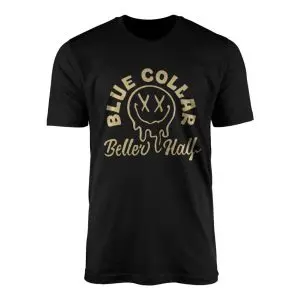Blue Collar Belle's Half Drip Smiley T-Shirt – Retro Graphic Tee, Unisex Black Shirt