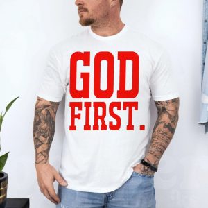 Bold Faith T Shirt E28093 GOD FIRST Red Christian Statement Tee 4.jpg