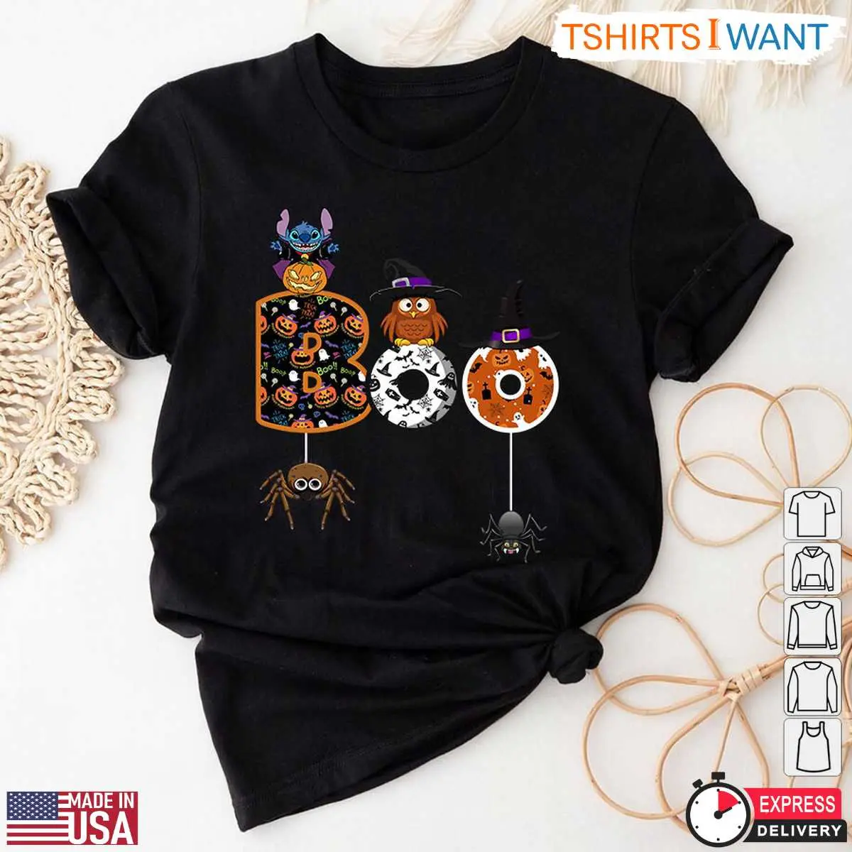 Boo Halloween T-Shirt – Stitch, Owl, Witch, and Spider Cute Halloween Graphic Tee 12 Boo Halloween T-Shirt with Stitch