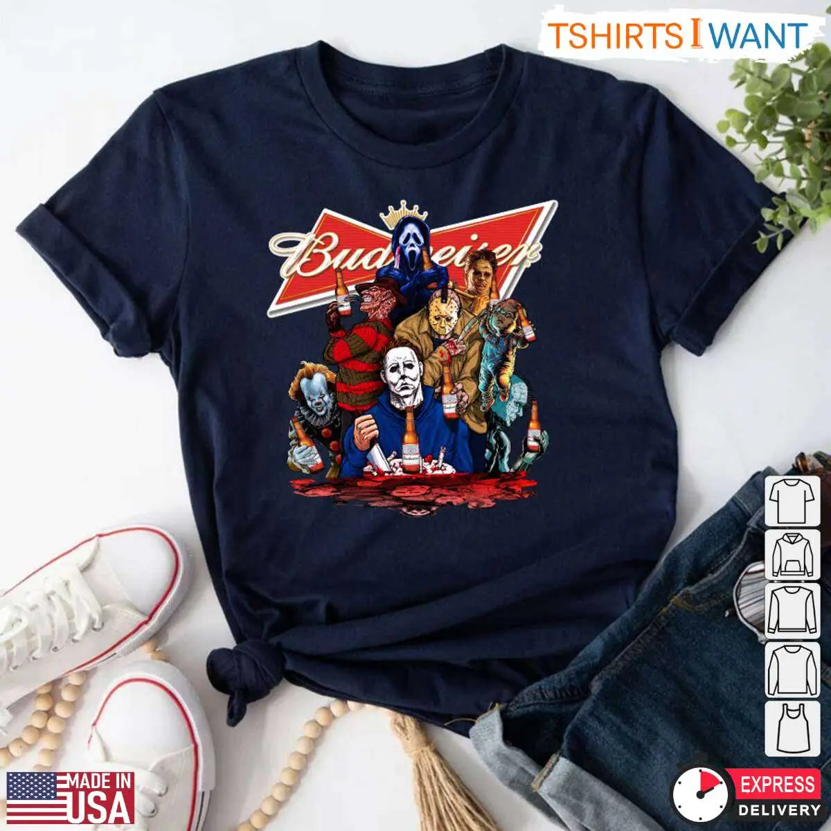 Budweiser Halloween T Shirt E28093 Horror Movie Characters Drinking Budweiser 1 1.jpg