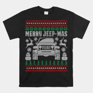 Black t-shirt flat lay featuring an ugly sweater off-road vehicle grille flanked by reindeer and snowmen with Merry Jeep-Mas text