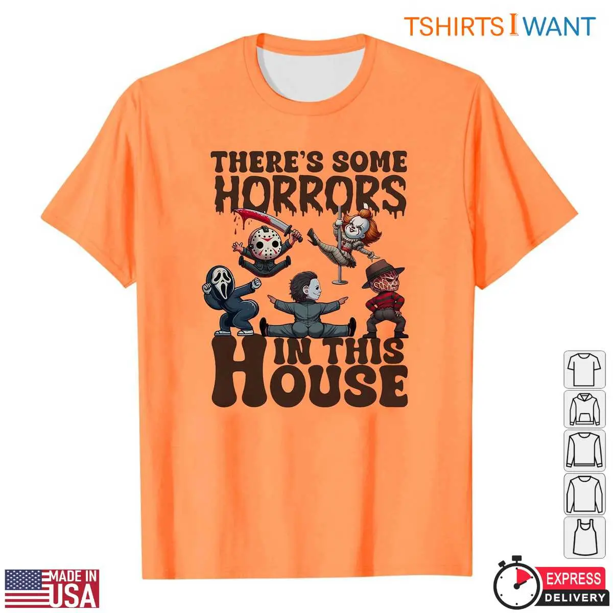 Cartoon Horror Villains T-Shirt – Theres Some Horrors in This House Halloween Tee 13 Cartoon Horror Villains T-Shirt Model