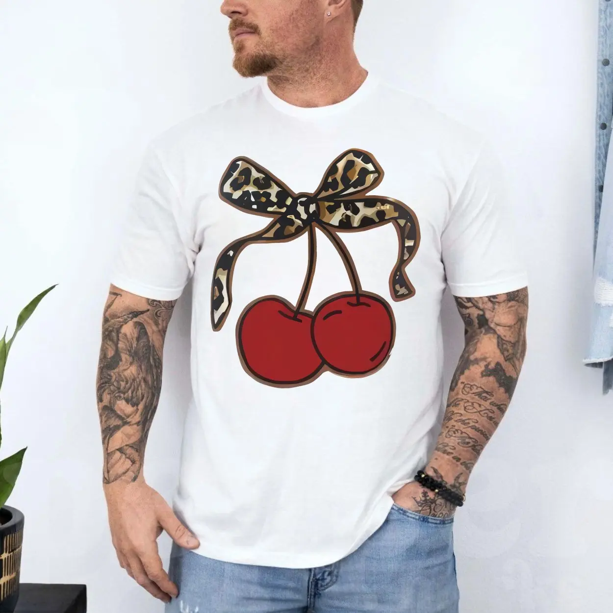 Cherry T shirt E28093 Cute Red Cherries with Leopard Print Bow Tee 4.jpg