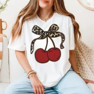Cherry T-shirt – Cute Red Cherries with Leopard Print Bow Tee 11 Cherry T shirt E28093 Cute Red Cherries with Leopard Print Bow Tee 5.jpg
