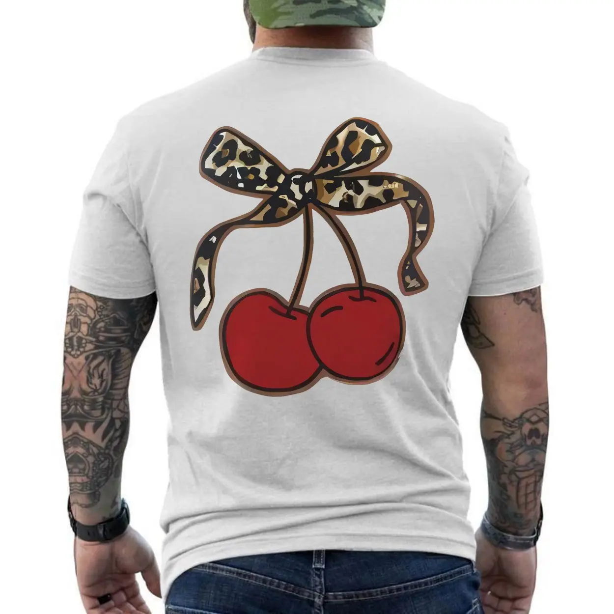Cherry T shirt E28093 Cute Red Cherries with Leopard Print Bow Tee 6.jpg