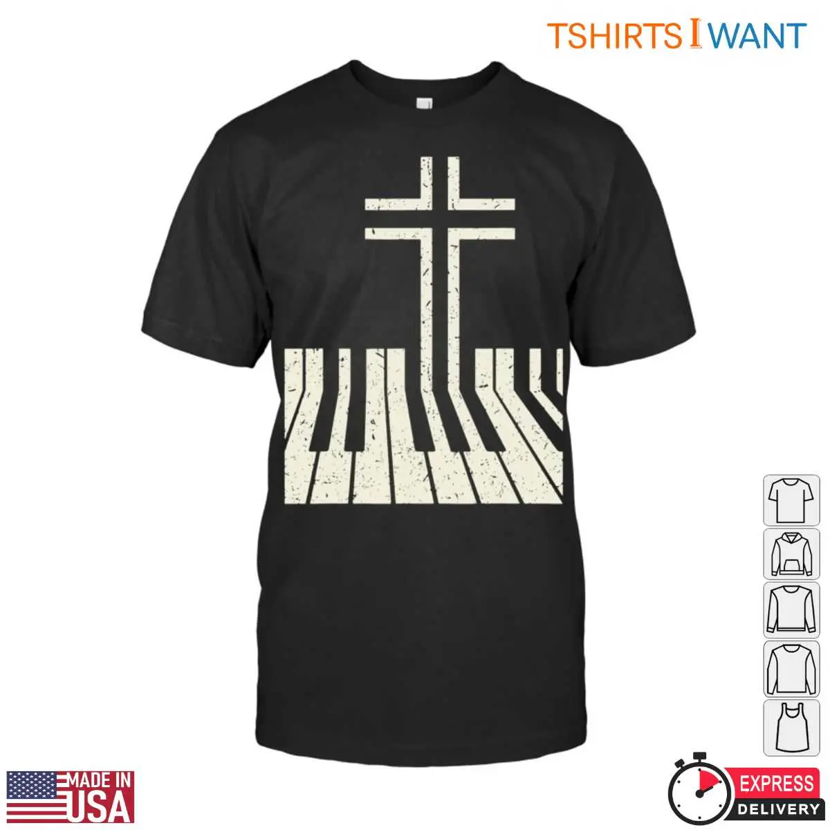Christian Cross and Piano Teacher Keyboard T-Shirt 12 Piano Cross Teacher T-Shirt Front View