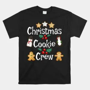 Black t-shirt flat lay featuring Christmas Cookie Crew white lettering surrounded by gingerbread men, stars, and holly berries