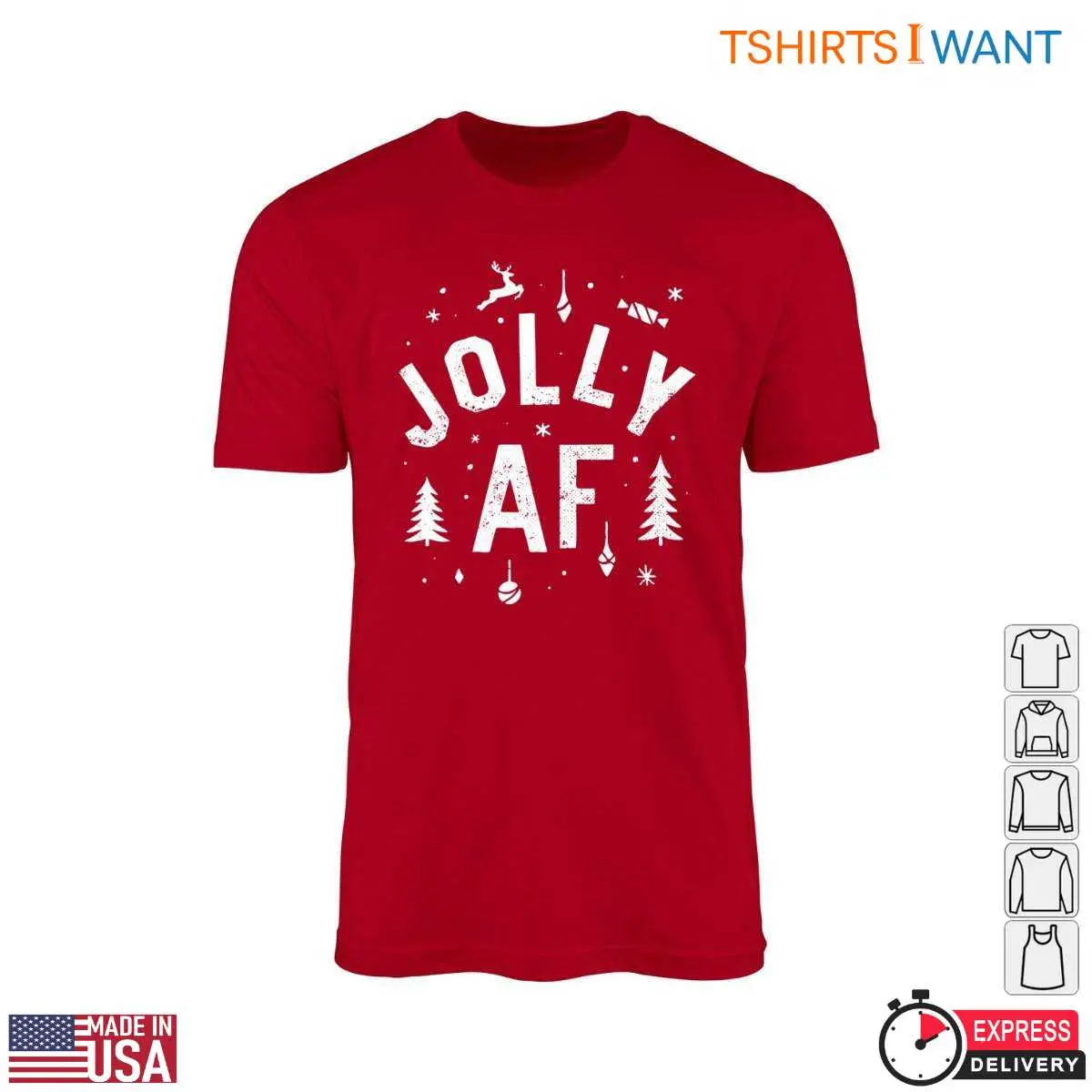 Christmas Motifs T-Shirt - 'Jolly AF' with Holiday Decorations 10 Jolly AF Christmas Motifs T-Shirt Front View