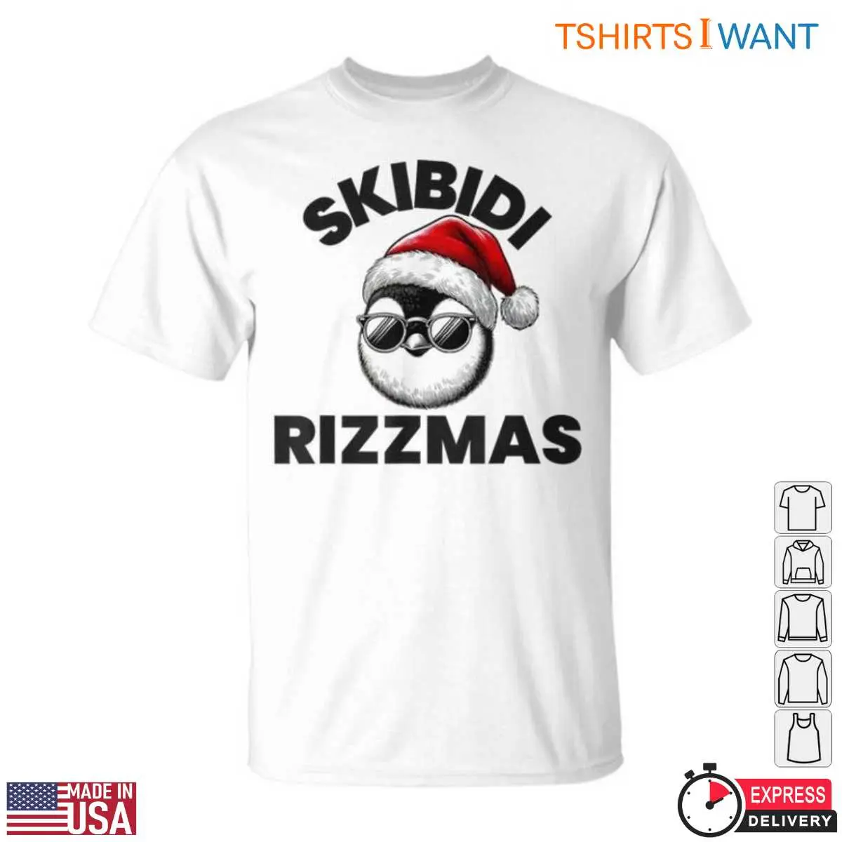 Christmas Penguin T-Shirt - Skibidi Rizzmas Graphic Tee with Santa Hat and Sunglasses 12 Christmas Penguin T-Shirt Front View