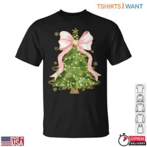 Christmas Tree Pink Bows T Shirt Glitter and Lights for the Holidays 1 1.jpg