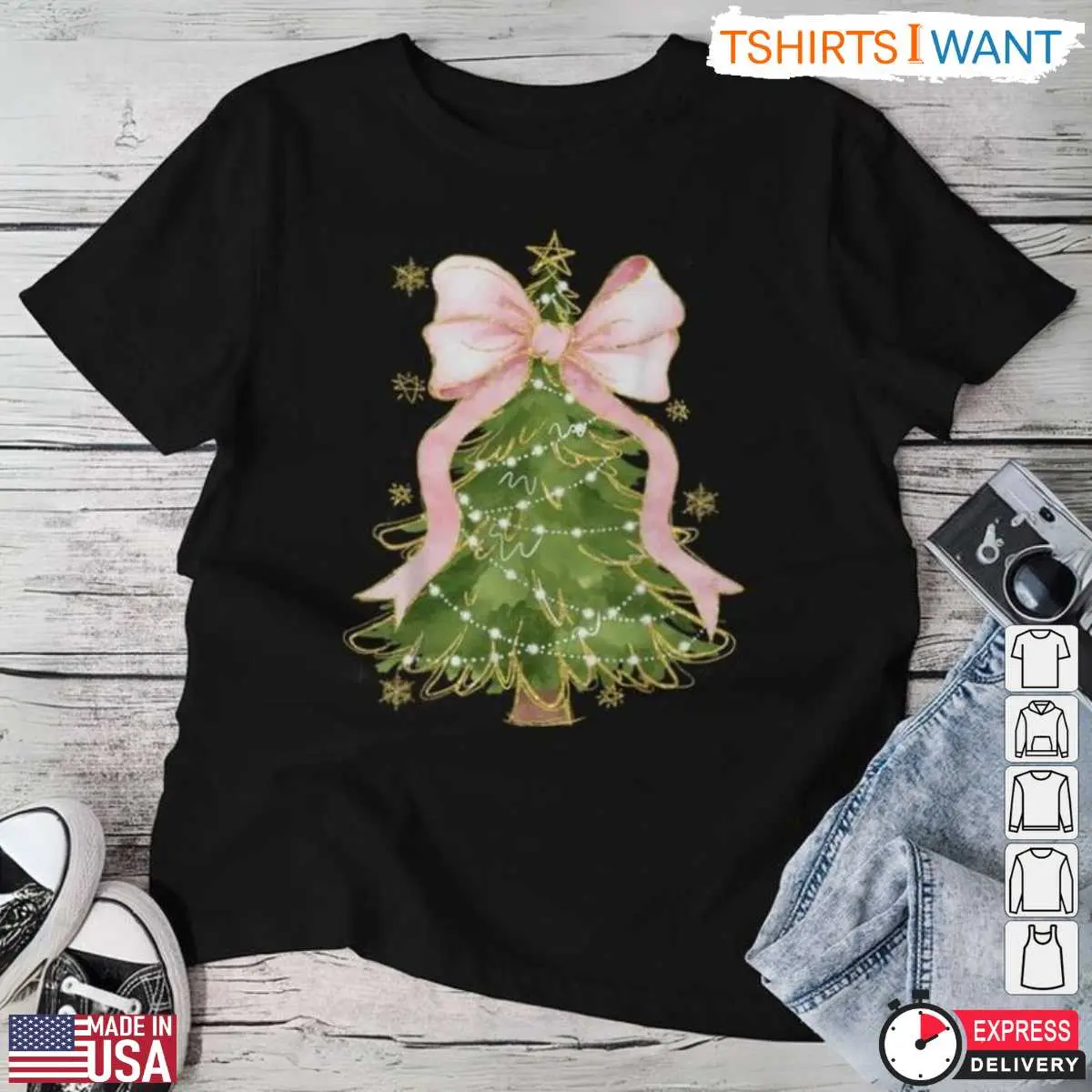 Christmas Tree Pink Bows T Shirt Glitter and Lights for the Holidays 2 1.jpg