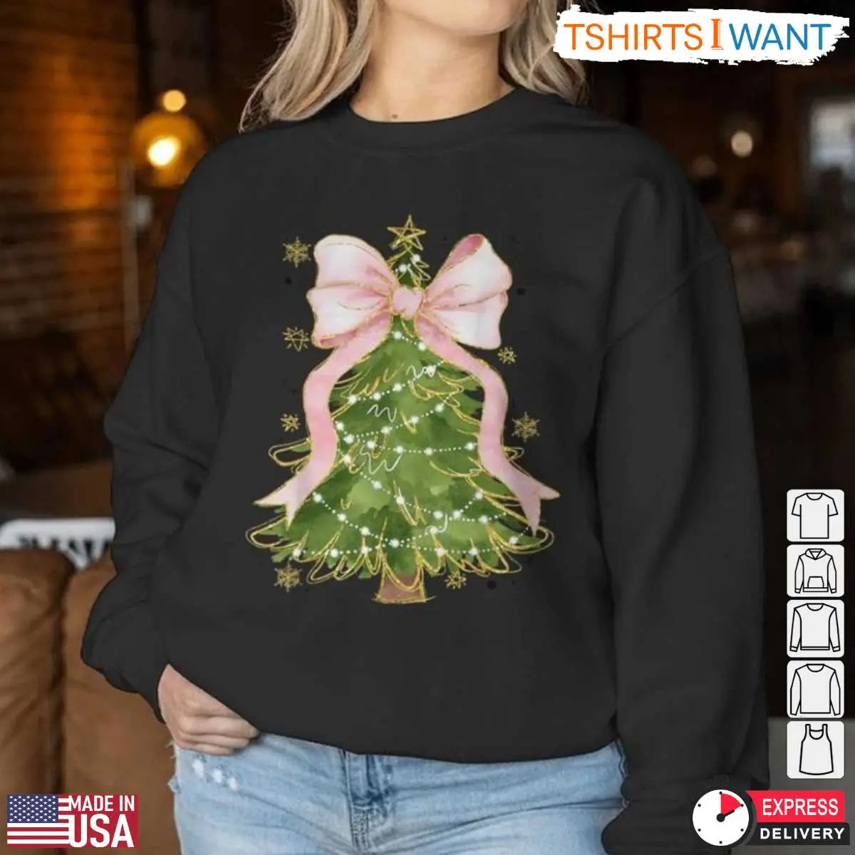 Christmas Tree Pink Bows T Shirt Glitter and Lights for the Holidays 3 1.jpg