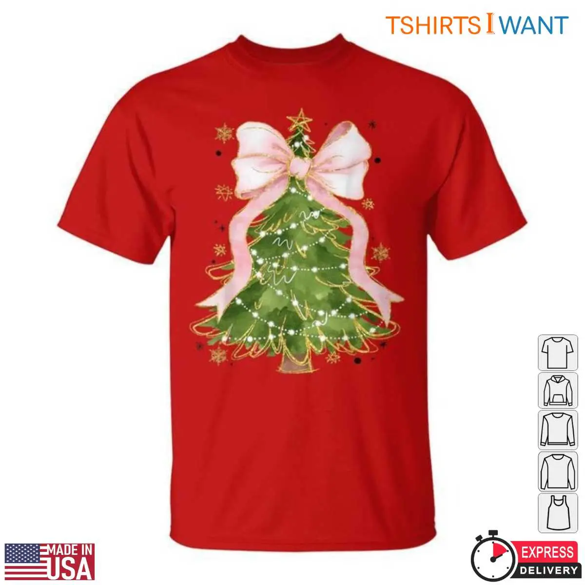 Christmas Tree Pink Bows T Shirt Glitter and Lights for the Holidays 6 1.jpg
